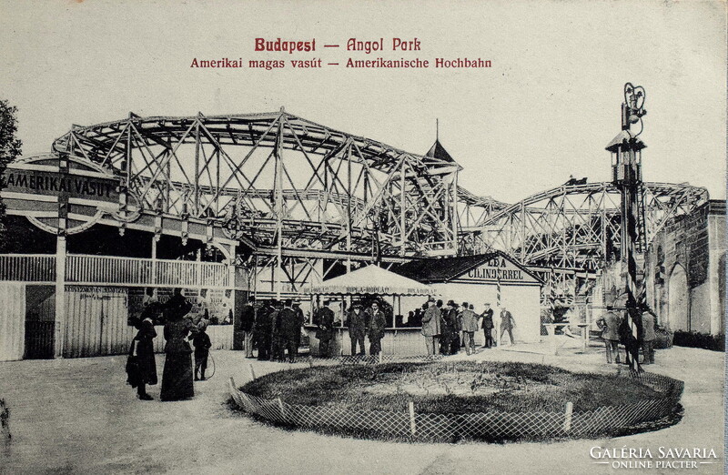 Budapest - Angol Park - Amerikai magasvasút , Le a cilinderrel , hiplá-hoplá -  antik képeslap  1903