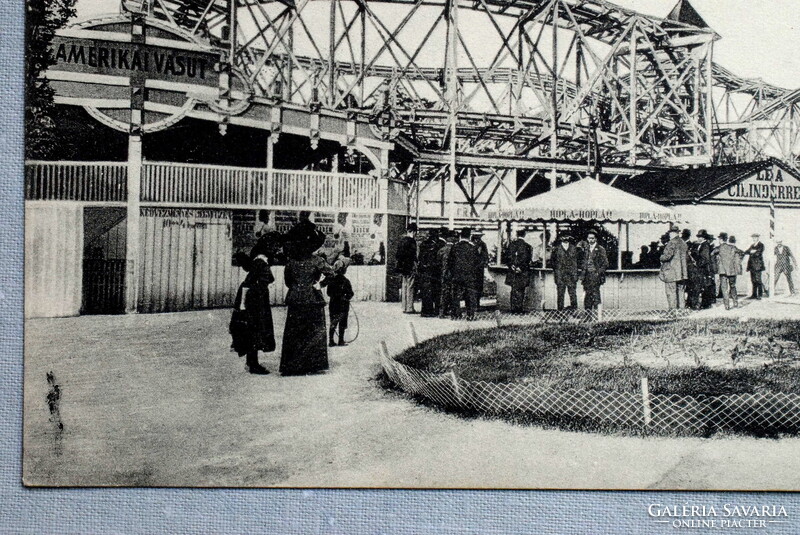 Budapest - Angol Park - Amerikai magasvasút , Le a cilinderrel , hiplá-hoplá -  antik képeslap  1903