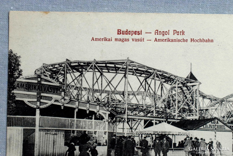 Budapest - Angol Park - Amerikai magasvasút , Le a cilinderrel , hiplá-hoplá -  antik képeslap  1903