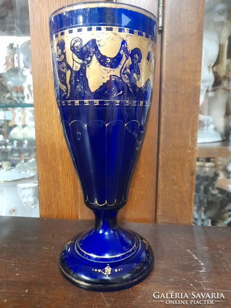 Alt Wien,Bécsi Biedermeier Ca.1910 Kék Üveg Kehely Aranyozott Puttós Dekorral.21 cm.