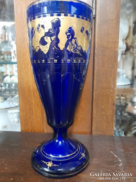 Alt Wien,Bécsi Biedermeier Ca.1910 Kék Üveg Kehely Aranyozott Puttós Dekorral.21 cm.