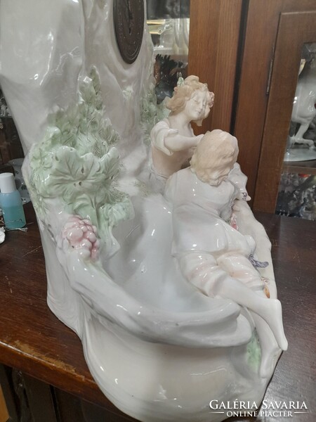 Alt Wien Ca.1910-20 Évek Nagyméretű Fajansz Szerelmespár,Asztali Lámpatest,Kandalló Óra. 48 cm.