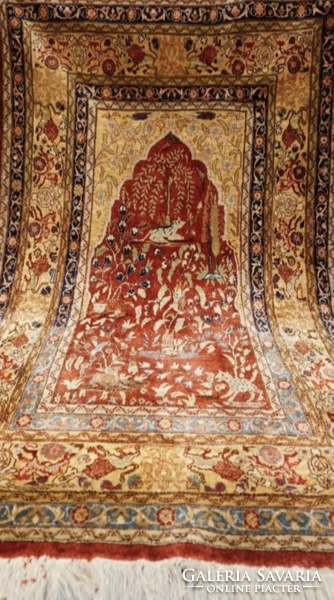 TÖRÖK KAYSERI 100% selyemszőnyeg, fémszálas részletekkel ,145x88 cm