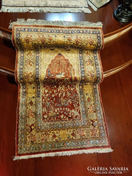 TÖRÖK KAYSERI 100% selyemszőnyeg, fémszálas részletekkel ,145x88 cm