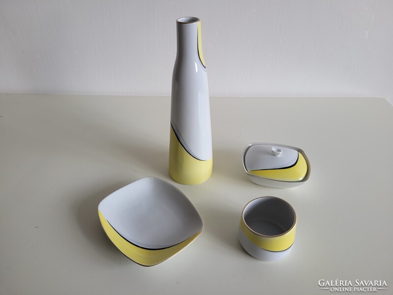 Retro Hollóházi mid century porcelán készlet Gazder Antal sárga fehér dísztárgy váza tál bonbonier