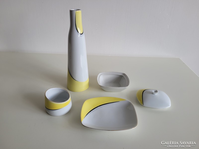 Retro Hollóházi mid century porcelán készlet Gazder Antal sárga fehér dísztárgy váza tál bonbonier