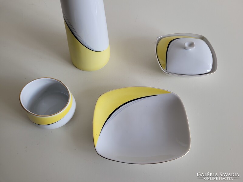 Retro Hollóházi mid century porcelán készlet Gazder Antal sárga fehér dísztárgy váza tál bonbonier
