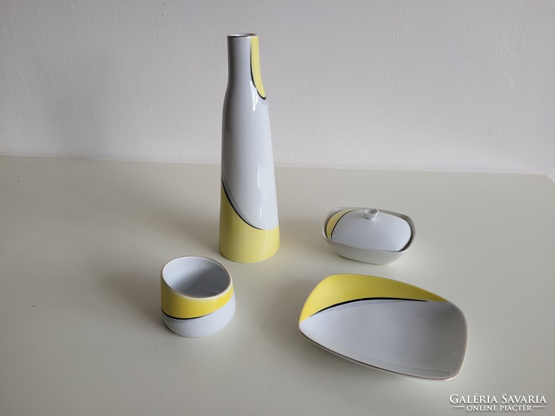 Retro Hollóházi mid century porcelán készlet Gazder Antal sárga fehér dísztárgy váza tál bonbonier