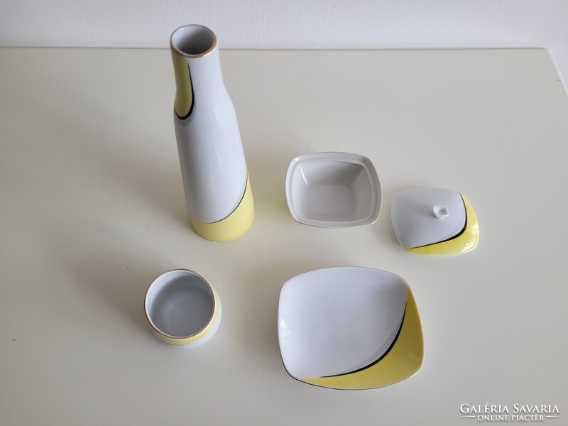 Retro Hollóházi mid century porcelán készlet Gazder Antal sárga fehér dísztárgy váza tál bonbonier