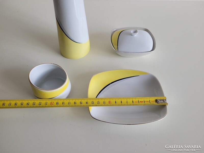 Retro Hollóházi mid century porcelán készlet Gazder Antal sárga fehér dísztárgy váza tál bonbonier