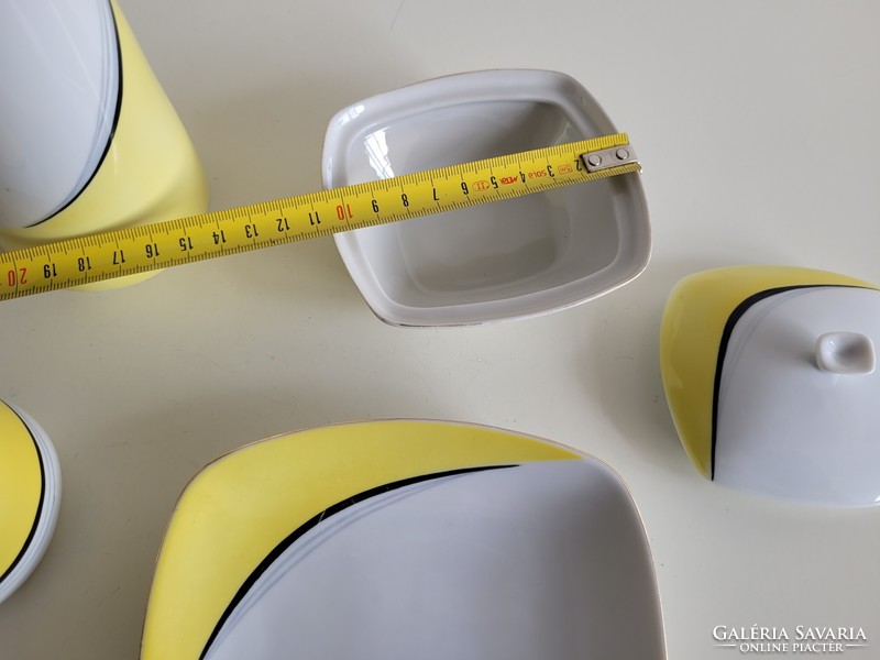 Retro Hollóházi mid century porcelán készlet Gazder Antal sárga fehér dísztárgy váza tál bonbonier