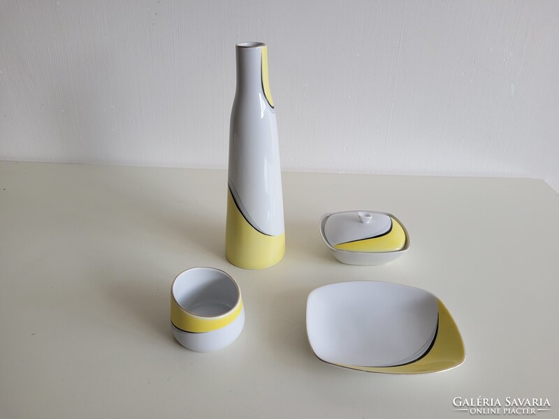 Retro Hollóházi mid century porcelán készlet Gazder Antal sárga fehér dísztárgy váza tál bonbonier
