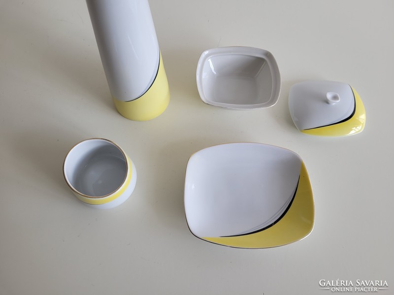 Retro Hollóházi mid century porcelán készlet Gazder Antal sárga fehér dísztárgy váza tál bonbonier