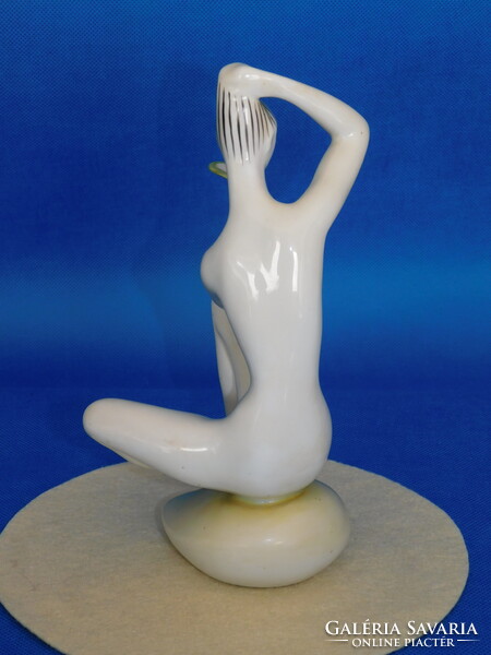 Art deco Zsolnay női akt - fésülködő nő tükörrel - porcelán nipp, figura