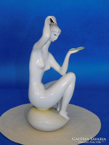 Art deco Zsolnay női akt - fésülködő nő tükörrel - porcelán nipp, figura
