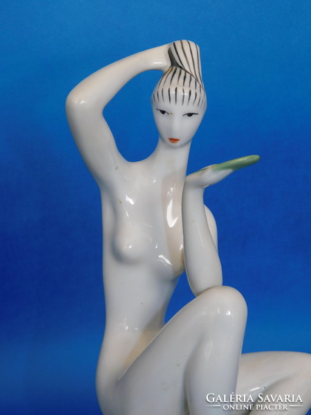 Art deco Zsolnay női akt - fésülködő nő tükörrel - porcelán nipp, figura