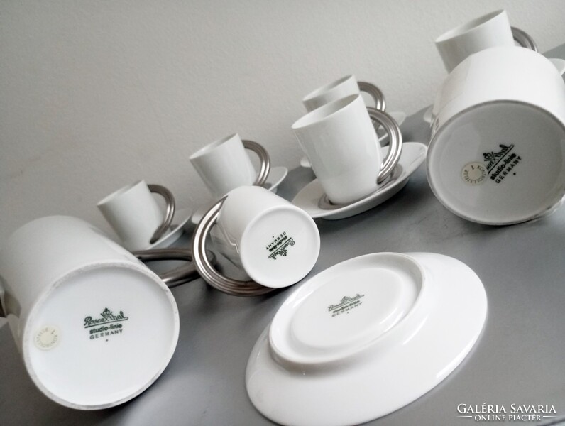 Rendkívül ritka posztmodern Rosenthal 'Cupola' platina mokkás-szett Mario Bellini 1985