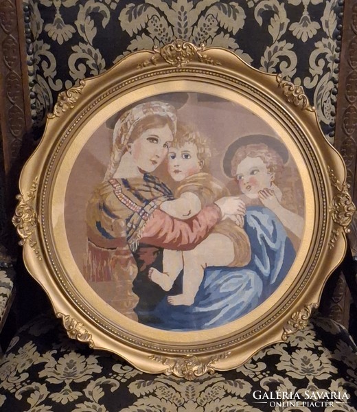 Gyönyörű Antik mikro gobelin szentkép blondel fa keretben