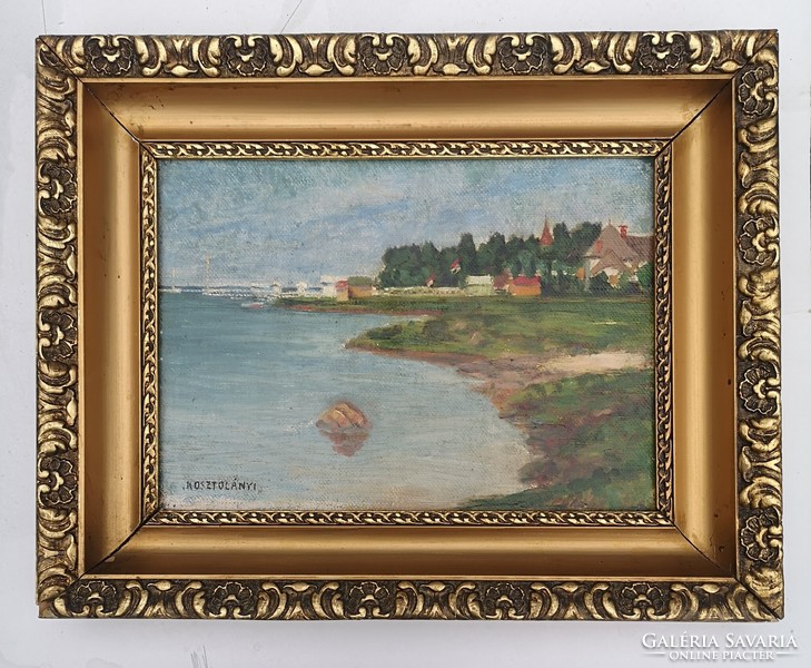 Kosztolányi-Kann Gyula(1868-1945): Vízpart templomtoronnyal. Jelzett olajfestmény!