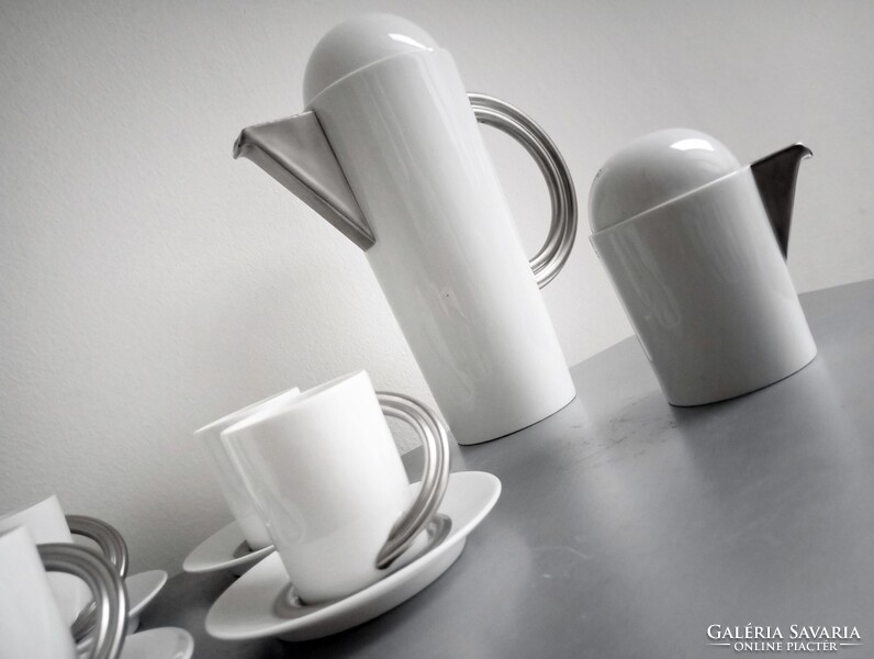 Rendkívül ritka posztmodern Rosenthal 'Cupola' platina mokkás-szett Mario Bellini 1985