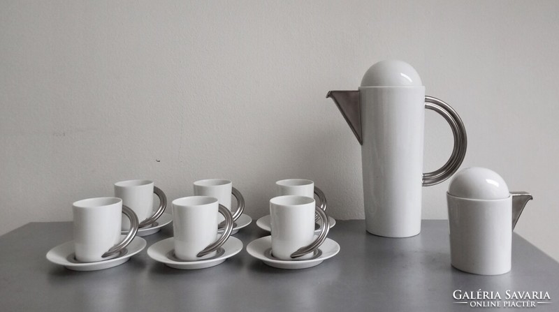 Rendkívül ritka posztmodern Rosenthal 'Cupola' platina mokkás-szett Mario Bellini 1985