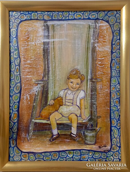 Prima díjas művésztől. A nevetés.Egy retró kisfiú.40x30 cm. Károlyfi Zsófia (1952)