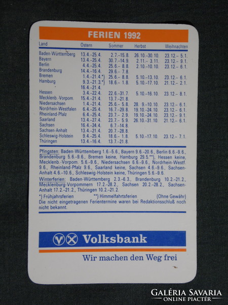 Kártyanaptár,Németország,Volksbank, 1992,   (7)