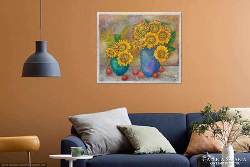 Napraforgók almákkal.80x95 cm zománckép.Károlyfi Zsófia/1952. ,Prima díjas művésztől.tanúsítvánnyal.