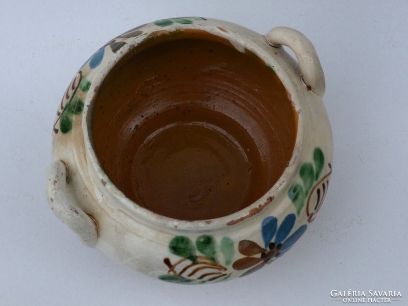 Régi kétfülű cserépedény, komaszilke vagy levesestál, népi kerámia