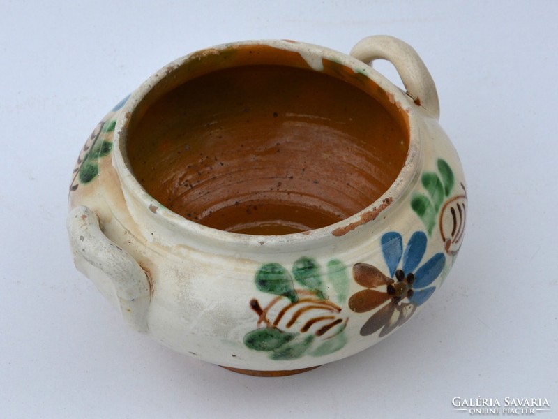 Régi kétfülű cserépedény, komaszilke vagy levesestál, népi kerámia