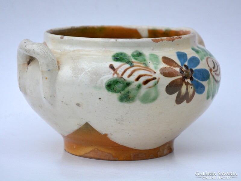 Régi kétfülű cserépedény, komaszilke vagy levesestál, népi kerámia