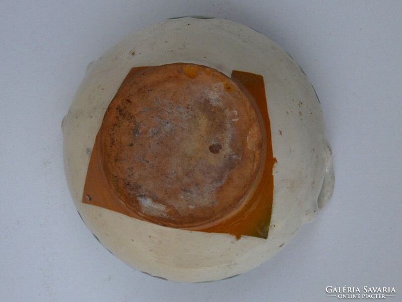 Régi kétfülű cserépedény, komaszilke vagy levesestál, népi kerámia