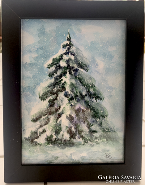 Téli életkép - keretezett akvarell