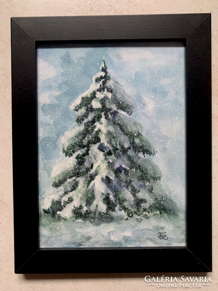 Téli életkép - keretezett akvarell