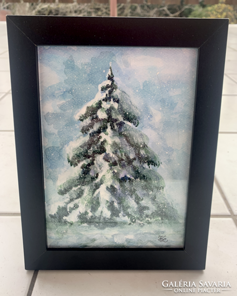 Téli életkép - keretezett akvarell