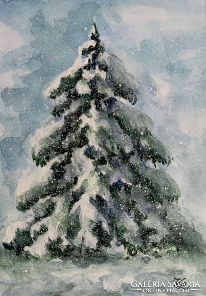 Téli életkép - keretezett akvarell