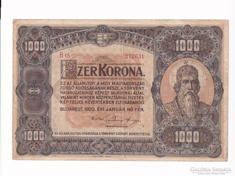 Nagyméretű Korona Államjegyek 1000 Korona bankjegy 1920