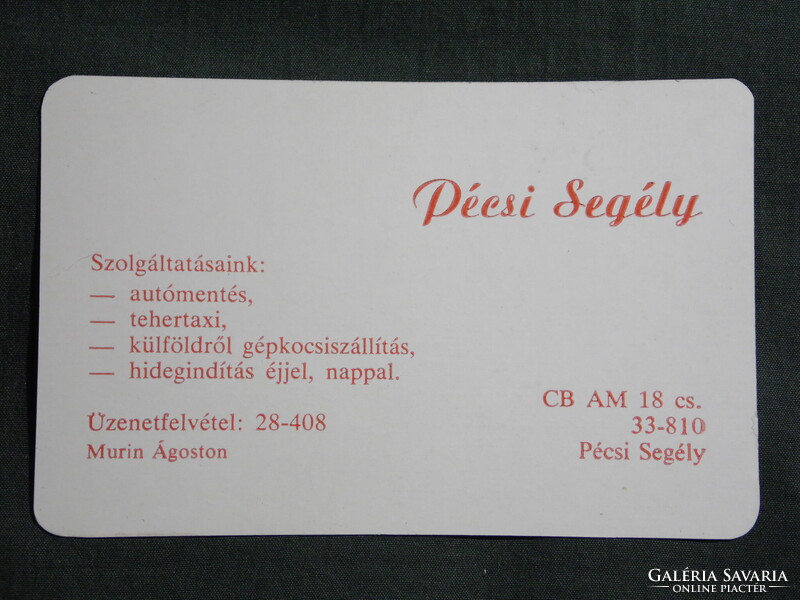Kártyanaptár,Murin Ágoston tehertaxi,autómentés,Pécs, 1990,   (7)