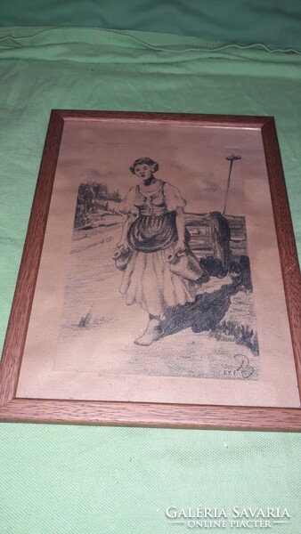 Balázs János jelzett grafika kép, : Vízhordó lány üveg alatt keretben 26 x 21 cm a képek szerint