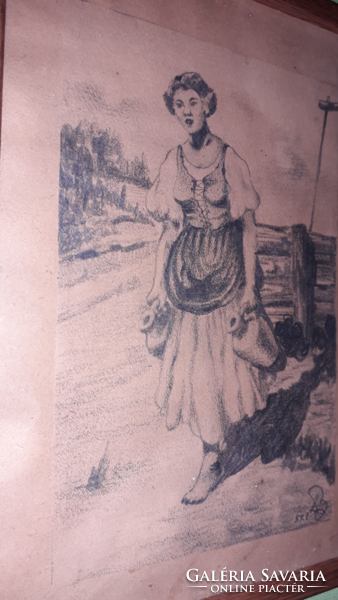 Balázs János jelzett grafika kép, : Vízhordó lány üveg alatt keretben 26 x 21 cm a képek szerint