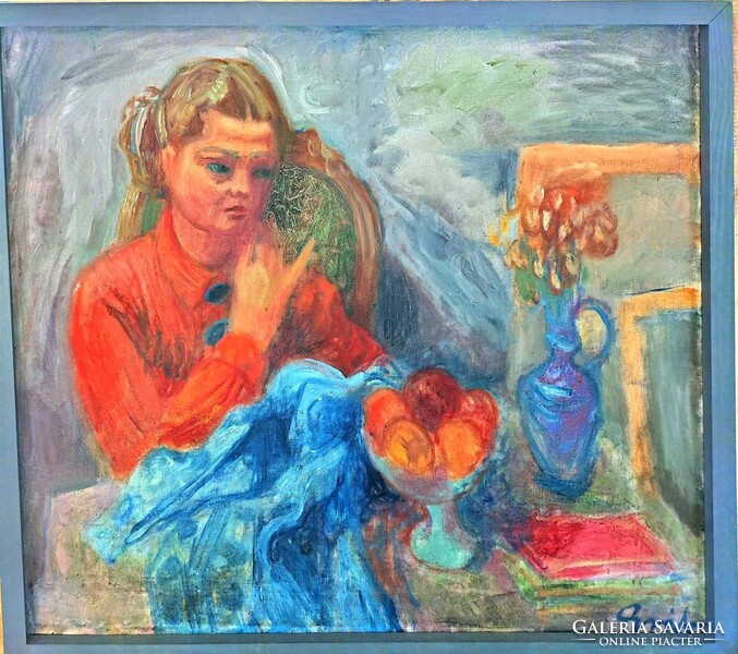 Gráber Margit:Ruhát varró lány csendélettel 90x80