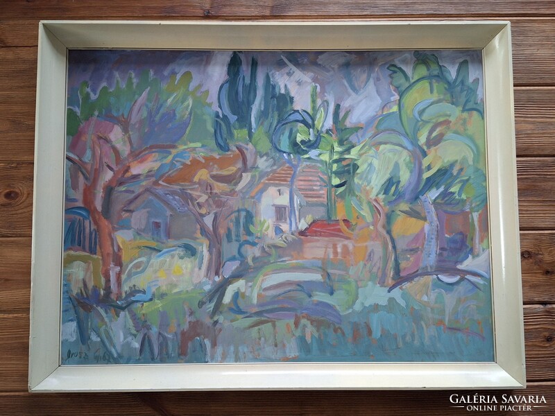 Orosz Gellért (Jászladány, 1919 – Budapest, 2002) Kertekalja, festmény 1967