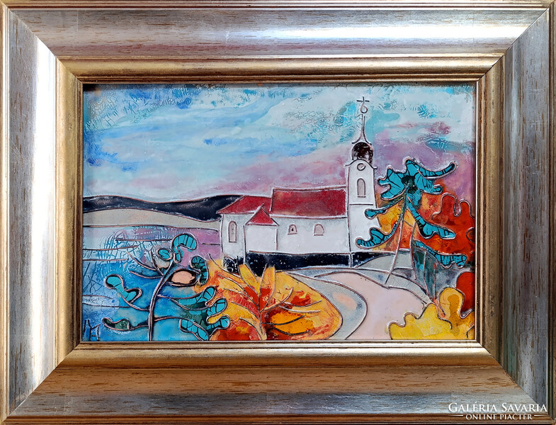 Fehér Margit: Tóparti templom - tűzzománc - keretezve 32x42cm - alkotás 20x30cm - FM24/916B