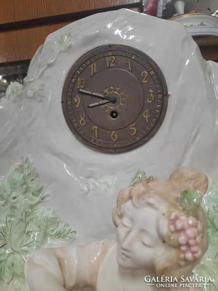 Alt Wien Ca.1910-20 Évek Nagyméretű Fajansz Szerelmespár,Asztali Lámpatest,Kandalló Óra. 48 cm.
