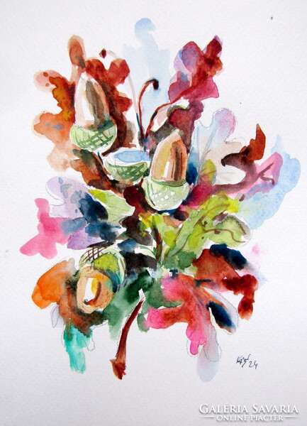 Oak branch - watercolor painting/ Tölgyfaág- akvarell festmény