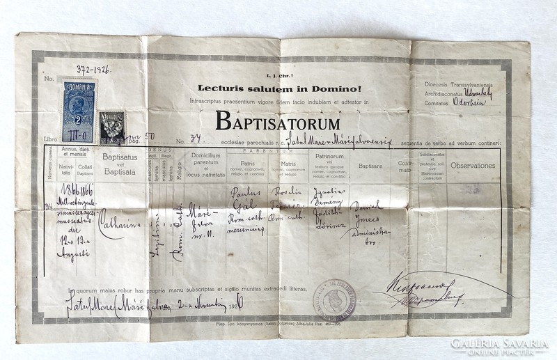 Máréfalva, Satu Mare, keresztelési anyakönyvi kivonat, 1926 - magyar és román okmánybélyegekkel