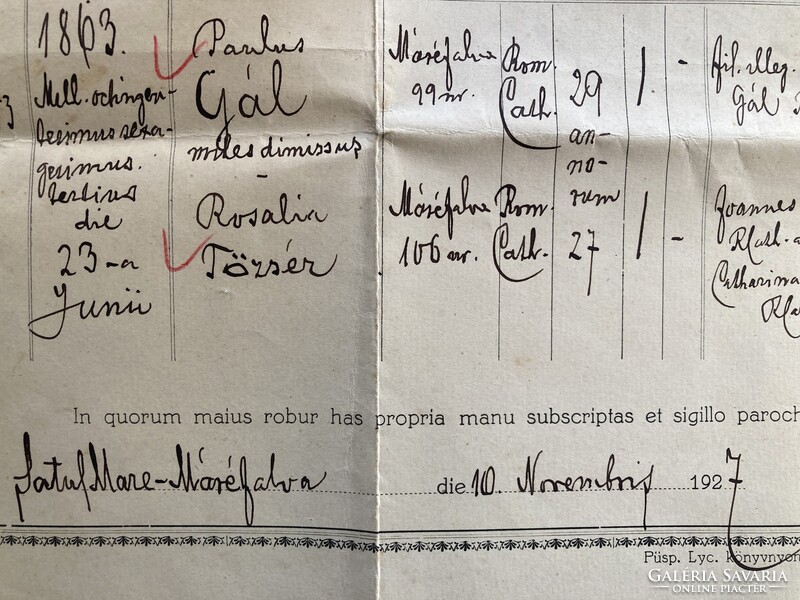 Máréfalva, Satu Mare, házassági anyakönyvi kivonat, 1927 - magyar és román okmánybélyegekkel