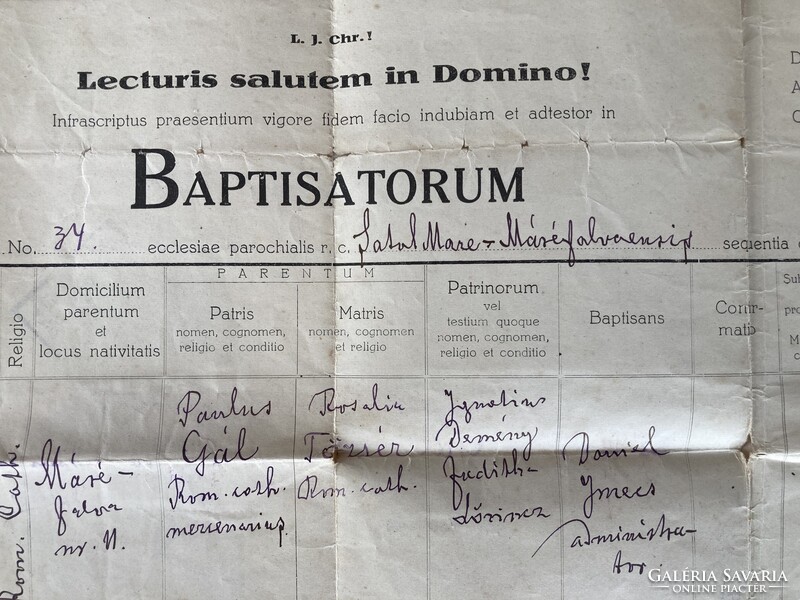 Máréfalva, Satu Mare, keresztelési anyakönyvi kivonat, 1926 - magyar és román okmánybélyegekkel