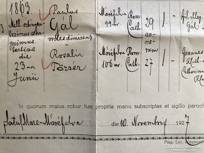 Máréfalva, Satu Mare, keresztlevél, 1927 - magyar és román okmánybélyegekkel