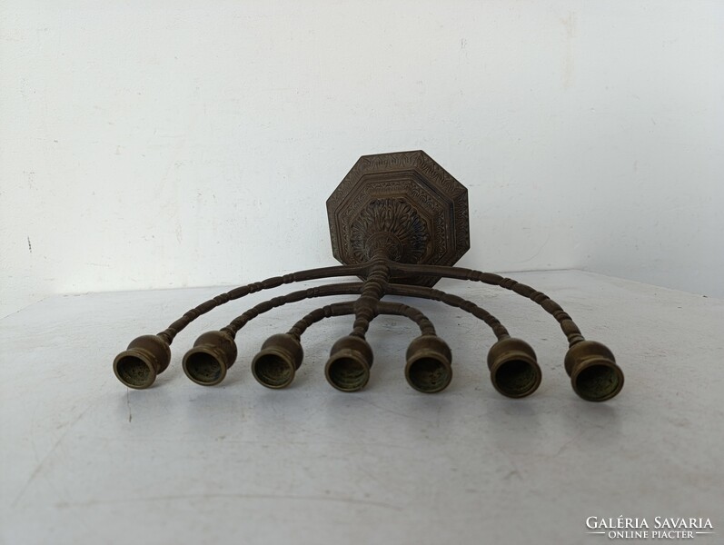 Antik menora judaika nagy réz zsidó gyertyatartó 7 ágú menóra lábán öntési anyaghiba repedés 527